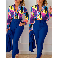 Abstract Geometric Print Mock Neck Buttoned Top & Pants Set - blue