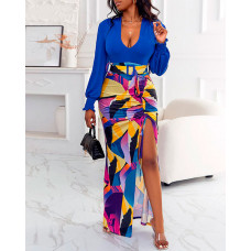 Abstract Geometric Print Plunge High Slit Drawstring Maxi Dress - blue