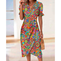 Abstract Geometric Print Ruched Buttoned Dress - Multicolor