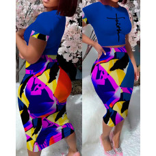 Abstract Geometric Print Top & High Waist Skirt Set - purple