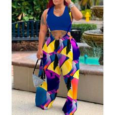 Abstract Geometric Print Wide Leg Suspender Jumpsuit - Multicolor