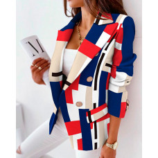 Abstract Lapel Collar Flap Detail Double Breasted Blazer - Multicolor