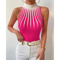 Abstract Pattern Mock Neck Tank Top - hot pink