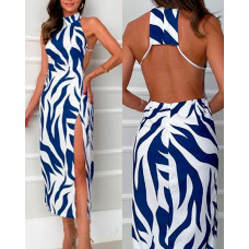 Abstract Print Backless Side Slit Midi Dress - blue