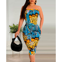 Abstract Print Bandeau Sleeveless Bodycon Dress - blue