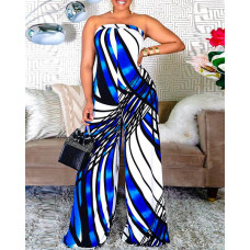 Abstract Print Bandeau Wide Leg Jumpsuit - blue