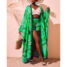 Abstract Print Batwing Sleeve Cardigan & Shorts Set - green