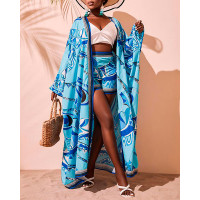 Abstract Print Batwing Sleeve Cardigan & Shorts Set - turquoise blue