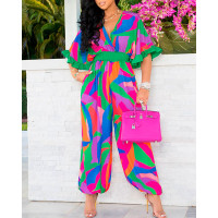 Abstract Print Bell Sleeve Cuffed Jumpsuit - Multicolor