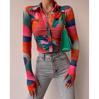 Abstract Print Button Design Ruched Shirt - Multicolor