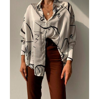 Abstract Print Button Down Satin Shirt - white