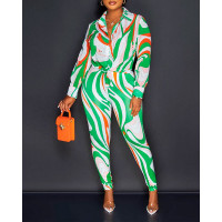 Abstract Print Button Down Shirt & Pants Set - green