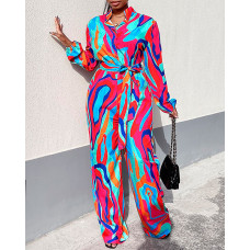 Abstract Print Button Front Belted Jumpsuit - Multicolor