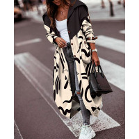 Abstract Print Button Front Longline Trench Coat - Apricot