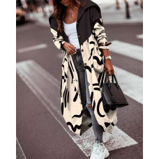 Abstract Print Button Front Longline Trench Coat - Apricot