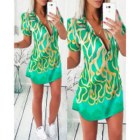 Abstract Print Button Front Shirt Dress - green