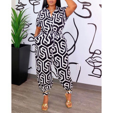 Abstract Print Buttoned Pocket Design Jumpsuit - blackwhite