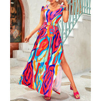 Abstract Print Cold Shoulder High Slit Maxi Dress - Multicolor