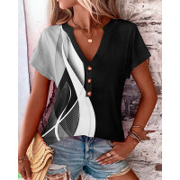 Abstract Print Colorblock Buttoned Casual T-shirt - black