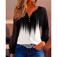 Abstract Print Colorblock Buttoned Casual Top - black