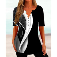 Abstract Print Colorblock Buttoned T-shirt - black