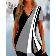 Abstract Print Colorblock Buttoned Top - black