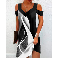 Abstract Print Colorblock Cold Shoulder Casual Dress - black