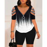 Abstract Print Colorblock Cold Shoulder Top & Shorts Set - blackwhite