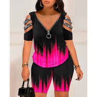 Abstract Print Colorblock Cold Shoulder Top & Shorts Set - hot pink