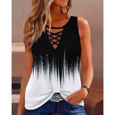 Abstract Print Colorblock Crisscross Tank Top - blackwhite