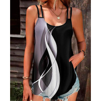 Abstract Print Colorblock Double Strap Tank Top - black