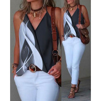 Abstract Print Colorblock Halter Wrap Tank Top - black