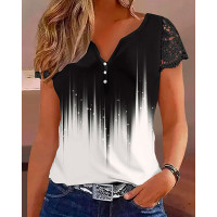 Abstract Print Colorblock Lace Patch Top - black