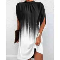 Abstract Print Colorblock Mock Neck Casual Dress - black