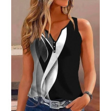 Abstract Print Colorblock Notch Neck Tank Top - black