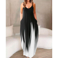 Abstract Print Colorblock Pocket Design Maxi Dress - gray