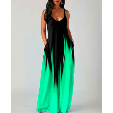 Abstract Print Colorblock Pocket Design Maxi Dress - green