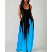 Abstract Print Colorblock Pocket Design Maxi Dress - Lighted Blue