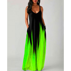 Abstract Print Colorblock Pocket Design Maxi Dress - Neon