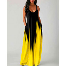 Abstract Print Colorblock Pocket Design Maxi Dress - yellow