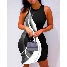 Abstract Print Colorblock Sleeveless Bodycon Dress - black