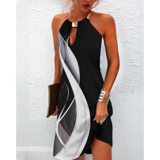 Abstract Print Colorblock Sleeveless Casual Dress - black