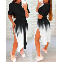 Abstract Print Colorblock Slit Casual Dress - blackwhite