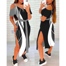 Abstract Print Colorblock Tied Detail Slit Casual Dress - black