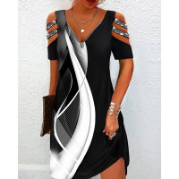 Abstract Print Colorblock Zipper Design Casual Dress - black