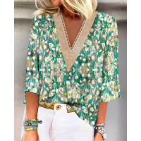 Abstract Print Contrast Lace Top - green