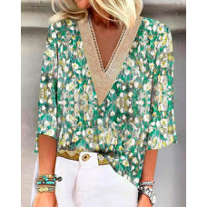 Abstract Print Contrast Lace Top - green