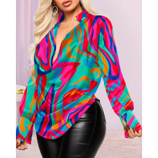 Abstract Print Cowl Neck Long Sleeve Top - Multicolor