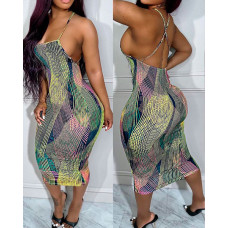 Abstract Print Crisscross Backless Bodycon Dress - green