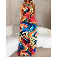 Abstract Print Cross Halter Pocket Design Maxi Dress - Multicolor